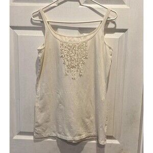 Eddie Bauer Women's Ruffle Cami Ivory Size Large Cotton Silk Minimalist‎